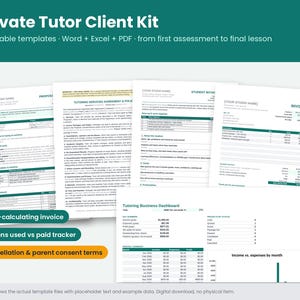 Könnte beinhalten: Ein Privatlehrer-Kunden-Kit mit fünf bearbeitbaren Vorlagen in den Formaten Word, Excel und PDF. Die Dokumente umfassen ein Angebot, eine Dienstleistungsvereinbarung, ein Aufnahmeformular, eine Rechnung und ein Geschäfts-Dashboard.