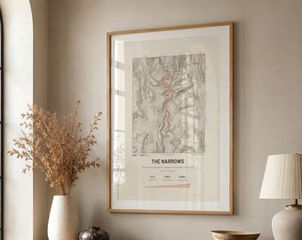 The Narrows Trail Map, Zion National Park Utah, Slot Canyon Light and Dark Topographic Print, Hiking Gift, Digital Download