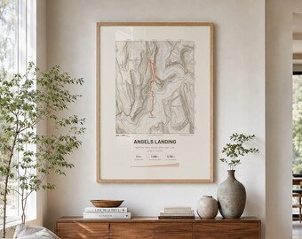 Angels Landing Trail Map, Zion National Park Utah, Light and Dark Topographic Print, 2 Styles, Hiking Gift, Digital Download