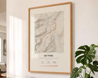 Mappa del sentiero Sky Pond, Parco Nazionale delle Montagne Rocciose, Colorado, stampa topografica chiara e scura, idea regalo per escursionisti, download digitale