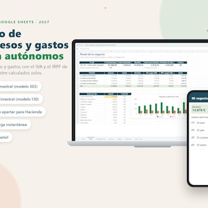 Puede incluir: Un libro de ingresos y gastos para Excel y Google Sheets 2027, mostrado en una pantalla de portátil y móvil. La interfaz presenta tablas financieras, cálculos de impuestos, resúmenes de negocio y gráficos en español.