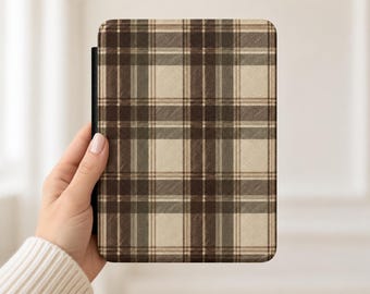 Brown Plaid Kindle Case with Hand Strap, Cream Tartan Cover for Select 7-Inch Kindles, Dark Academia Book Lover Gift