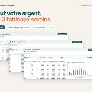 May include: A digital product display featuring three Google Sheets templates titled Gridlyn Pack Argent. The text reads: Tout votre argent, en 3 tableaux sereins. The interface shows financial dashboards with tables, charts, and data columns.