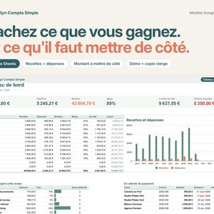 May include: A digital accounting dashboard template for Google Sheets titled Gridlyn Compta Simple. It displays financial data including revenue, expenses, profit, and margins in tables and bar charts, with text in French throughout the interface.