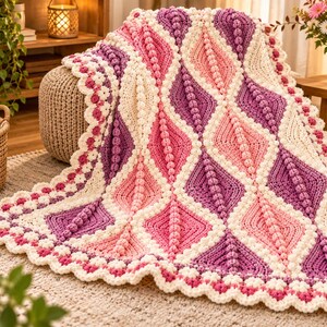 Crochet Blanket Pattern, Chunky Chenille Throw with Bobble Border, Leaf Panels, PDF, Easy Intermediate, Instant Download (