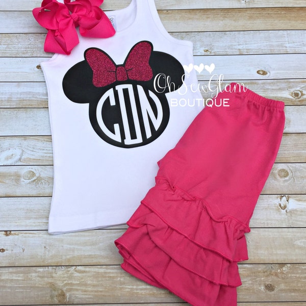 Minnie Mouse Tank Top - Girls Minnie Mouse Outfit - Monogram tank -Pink Shorts - Minnie Inspired Outfit - HTV applied not embroidered