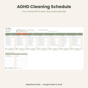 ADHD向けGoogleスプレッドシート＆Excel用掃除プランナー、自動ローテーション掃除スケジュール、進捗バー付き週次家事トラッカー