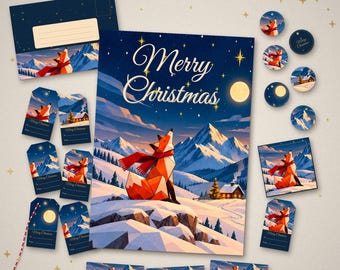 Puede incluir: Un kit navideño imprimible con un zorro con bufanda roja en un paisaje de montaña nevado. El set incluye una tarjeta grande con el texto Merry Christmas, etiquetas para regalos, pegatinas circulares y tarjetas de nombre.