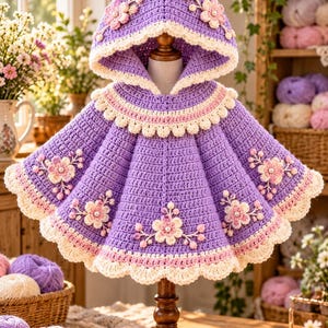 Schema PDF per mantello con cappuccio all'uncinetto con motivo floreale di lavanda, mantello floreale all'uncinetto, mantello con cappuccio a punta, schema amigurumi adatto ai principianti