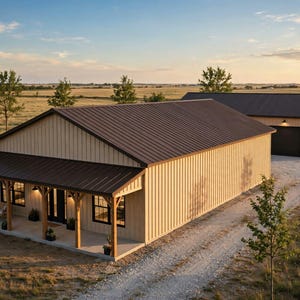 May include: A tan metal building with a dark brown gabled roof and a covered front porch featuring wooden support posts. A separate matching garage structure sits behind the main building, connected by a gravel driveway in a grassy field.