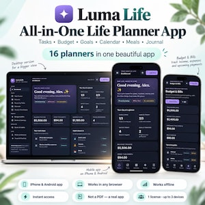 May include: Luma Life All-in-One Life Planner App displayed on a laptop, smartphone, and smaller mobile device. The dark-themed interface shows dashboards for tasks, budget, goals, calendar, meals, and journals with text including Good evening, Alex.
