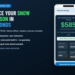 Peut inclure: Une interface numérique pour l'application Snow Removal Pro sur smartphone, affichant des outils de tarification pour les entrepreneurs en déneigement. L'écran indique un prix saisonnier recommandé de 585 $ et un bouton de contrat.