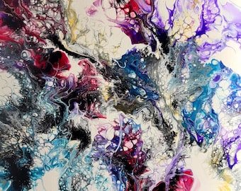 Original 16x20 Fluid Art Canvas Painting – Abstract Deep Purple and Teal Wall Art