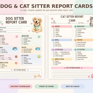May include: Two printable report cards for pet sitters, one for dogs and one for cats. Each card features sections for pet name, date, visit time, mood, behavior, meals, water, potty or litter box, medication, and notes, with illustrations of a dog and cat.