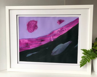 Landscape Painting, Abstract Mountain Art, Original Painting on Paper, Mixed Media Painting