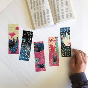 5 Pack Bookmarks, Recycled Paper Bookmarks, Set of 5 Embellished Bookmarks, Abstract Art Gifts, Home Book Nook Must Haves
