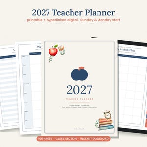 Puede incluir: Una agenda para docentes 2027 en formatos imprimible y digital. La portada presenta un icono de manzana azul oscuro, el texto 2027 Teacher Planner e ilustraciones en acuarela de una manzana, lápices y libros. Incluye 106 páginas.