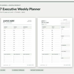 Könnte beinhalten: Ein digitaler 2027 Executive Weekly Planner mit zwei A5-Seiten pro Woche. Das Layout enthält stündliche Zeitpläne von 6 bis 18 Uhr, Aufgabenlisten, Nachfassaktionen, Prioritäten, Anrufe und Notizbereiche in einem klaren Schwarz-Weiß-Design.