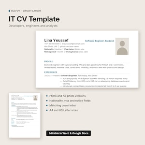 Software Developer CV Template, IT Resume for UAE and Gulf Tech Jobs, Editable Word and Google Docs, Cover Letter
