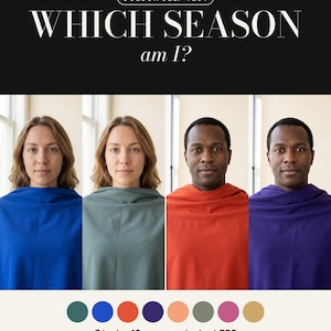 May include: A digital guide titled COLOUR SELF-TEST WHICH SEASON am I? featuring four panels of individuals draped in blue, sage green, orange, and purple fabric. Below are eight colored circles, text reading 3 tests 12 seasons instant PDF, and KULØRT NYANSE.