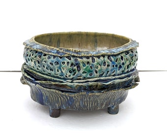 Custom Listing for AnHoki - Footed Multi-textured Ceramic Planter / Textured Ceramic Pot with Embedded Glass / 3/4" Drainage