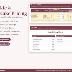 May include: A digital spreadsheet template for cookie and cupcake pricing, featuring a market stall and bake sale planner. The document includes tables for product costs, margins, and a printable price board with text for bakery items.