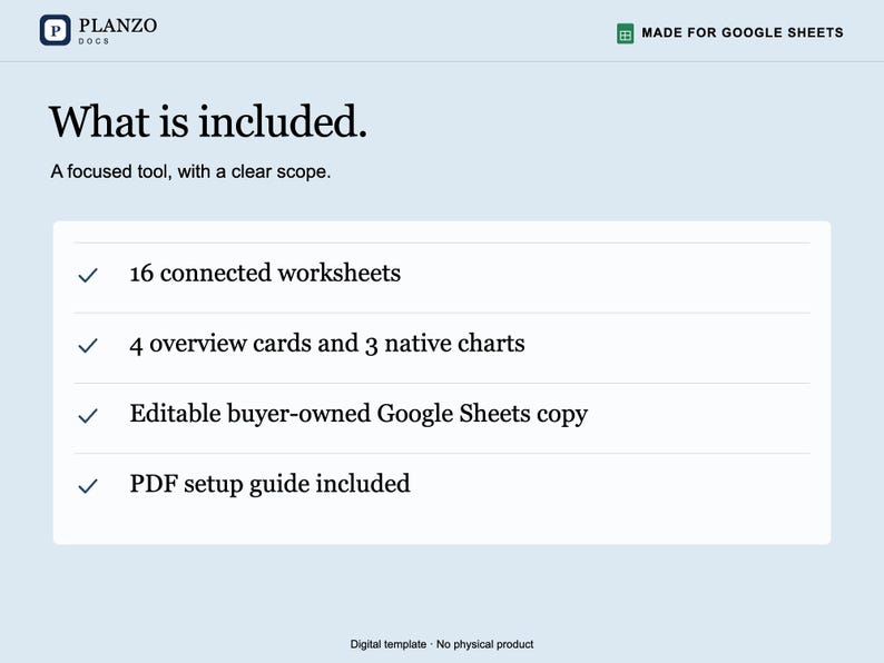 May include: A digital template for Google Sheets titled Planzo Docs. The text lists features including 16 connected worksheets, 4 overview cards, 3 native charts, an editable buyer-owned Google Sheets copy, and a PDF setup guide included.