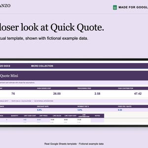 K&ouml;nnte beinhalten: Eine digitale Tabellenkalkulationsvorlage mit dem Titel Quick Quote Mini von Planzo Docs, konzipiert f&uuml;r Google Sheets. Die Benutzeroberfl&auml;che zeigt violette Kopfzeilen und wei&szlig;e Datenzellen mit detaillierten Kostenvoranschl&auml;gen und Berechnungen.