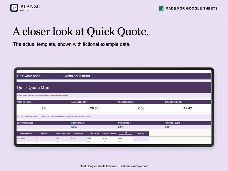 K&ouml;nnte beinhalten: Eine digitale Tabellenkalkulationsvorlage mit dem Titel Quick Quote Mini von Planzo Docs, konzipiert f&uuml;r Google Sheets. Die Benutzeroberfl&auml;che zeigt violette Kopfzeilen und wei&szlig;e Datenzellen mit detaillierten Kostenvoranschl&auml;gen und Berechnungen.
