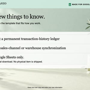 K&ouml;nnte beinhalten: Ein digitales Vorlagendokument mit dem Titel A few things to know, dem Planzo Docs-Logo und dem Label Made for Google Sheets. Der Text listet Einschr&auml;nkungen auf, darunter kein Transaktionsverlauf-Hauptbuch und keine Synchronisierung.