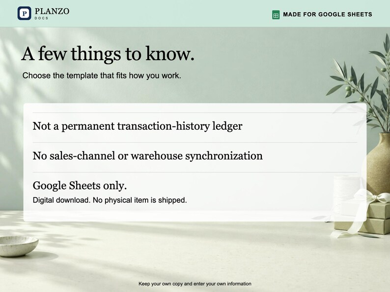 K&ouml;nnte beinhalten: Ein digitales Vorlagendokument mit dem Titel A few things to know, dem Planzo Docs-Logo und dem Label Made for Google Sheets. Der Text listet Einschr&auml;nkungen auf, darunter kein Transaktionsverlauf-Hauptbuch und keine Synchronisierung.