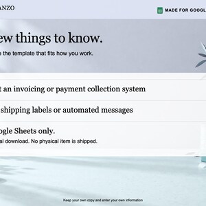 May include: A digital template information graphic titled A few things to know. It states: Not an invoicing or payment collection system, No shipping labels or automated messages, Google Sheets only. Digital download. No physical item is shipped.