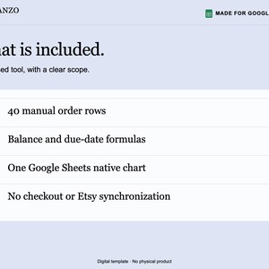 May include: A digital template for Google Sheets titled Planzo Docs. The text lists features including 40 manual order rows, balance and due-date formulas, one Google Sheets native chart, and no checkout or Etsy synchronization.