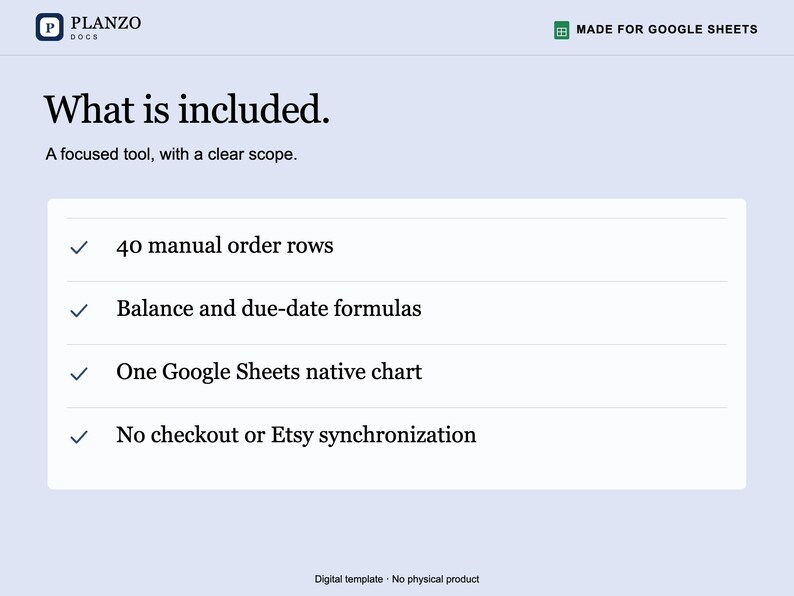 May include: A digital template for Google Sheets titled Planzo Docs. The text lists features including 40 manual order rows, balance and due-date formulas, one Google Sheets native chart, and no checkout or Etsy synchronization.