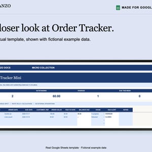 May include: A digital spreadsheet template titled Order Tracker Mini by Planzo Docs, designed for Google Sheets. The interface displays columns for order ID, date, customer, value, paid amount, balance, stage, and due alerts with fictional data.
