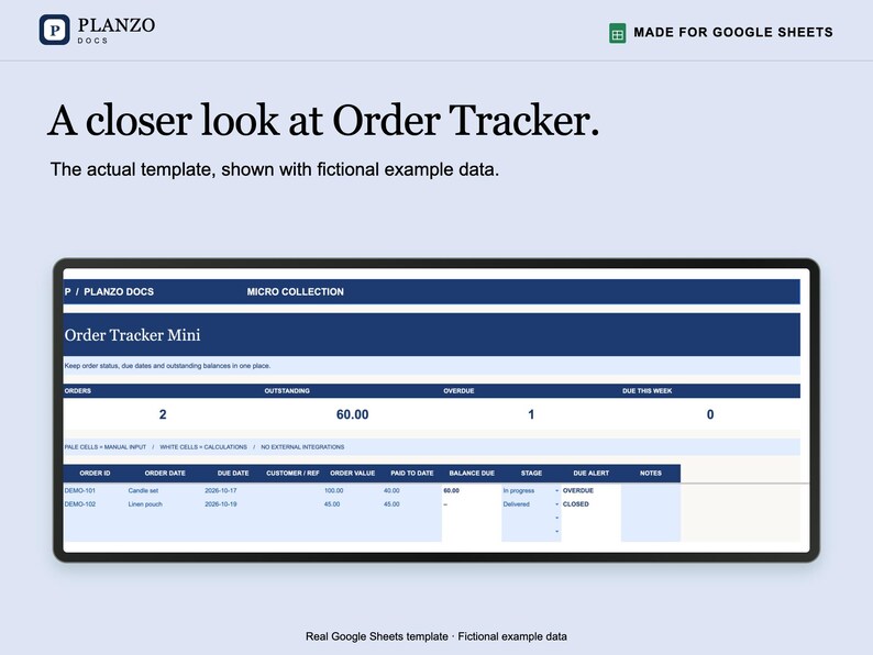 May include: A digital spreadsheet template titled Order Tracker Mini by Planzo Docs, designed for Google Sheets. The interface displays columns for order ID, date, customer, value, paid amount, balance, stage, and due alerts with fictional data.
