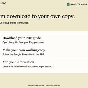 May include: A digital instructional graphic on a cream background with the Planzo Docs logo and Made for Google Sheets badge. It outlines three steps: download your PDF guide, make your own working copy, and add your information.