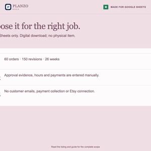 May include: A digital Planzo document for Google Sheets with a light pink background. It lists three points: 60 orders, 150 revisions, 26 weeks; manual entry for approval, hours, and payments; and no customer emails, payments, or Etsy connection.