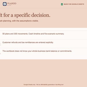 May include: A digital document titled Planzo with the text Built for a specific decision. Order cash planning, with the assumptions visible. It lists three points regarding 50 plans, 300 movements, customer refunds, tax remittances, and bank balance.