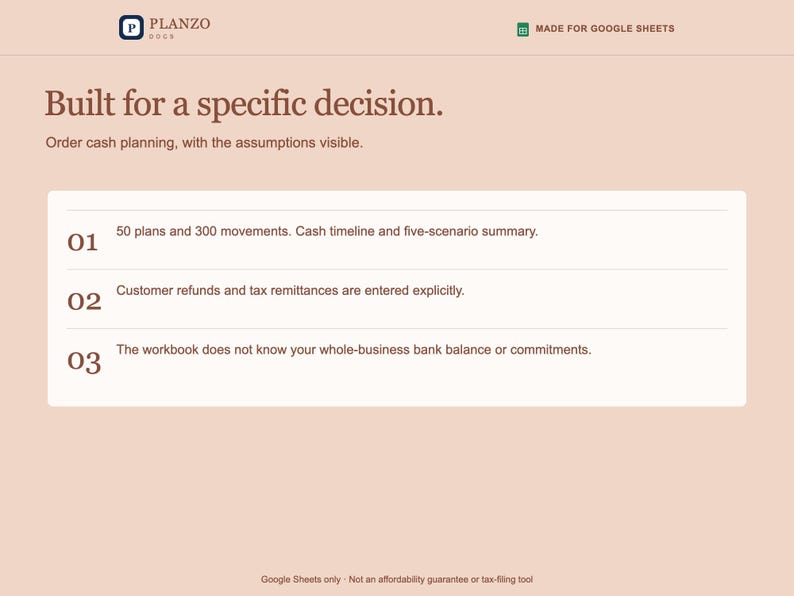 May include: A digital document titled Planzo with the text Built for a specific decision. Order cash planning, with the assumptions visible. It lists three points regarding 50 plans, 300 movements, customer refunds, tax remittances, and bank balance.