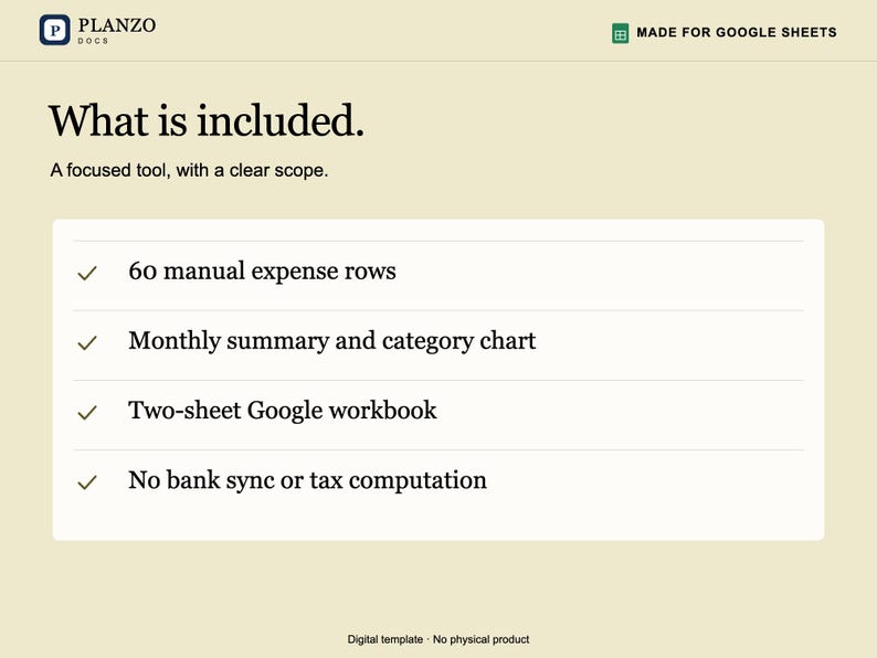 May include: A digital template for Google Sheets titled Planzo Docs. The text reads: What is included. A focused tool, with a clear scope. 60 manual expense rows, monthly summary and category chart, two-sheet Google workbook, and no bank sync or tax computation.
