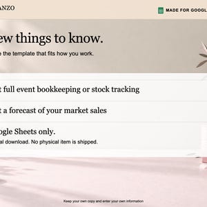 Puede incluir: Un documento de plantilla digital titulado A few things to know con el logotipo de Planzo Docs y la insignia Made for Google Sheets. El texto enumera limitaciones, incluyendo la falta de contabilidad de eventos o seguimiento.