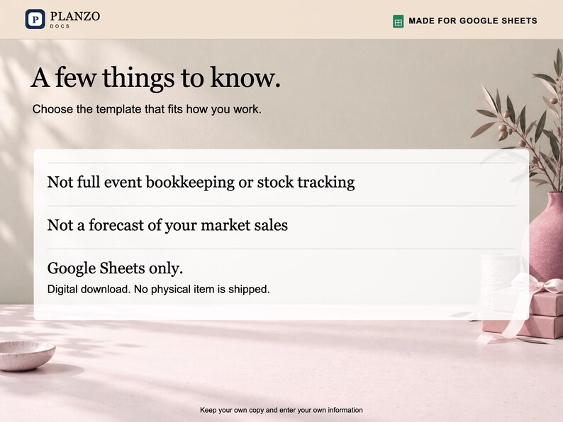 Puede incluir: Un documento de plantilla digital titulado A few things to know con el logotipo de Planzo Docs y la insignia Made for Google Sheets. El texto enumera limitaciones, incluyendo la falta de contabilidad de eventos o seguimiento.