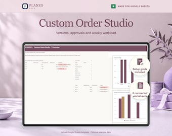 May include: A digital Google Sheets template titled Custom Order Studio displayed on a screen. The interface shows a dashboard with order tracking, status columns, and two bar charts. Text includes Setup guide included and 6 connected worksheets.