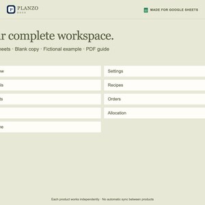 Pode incluir: Um modelo de espa&ccedil;o de trabalho digital para Google Sheets intitulado Planzo. A interface apresenta uma lista de nove planilhas, incluindo Overview, Materials, Products, Units, Read me, Settings, Recipes, Orders e Allocation em um fundo claro.