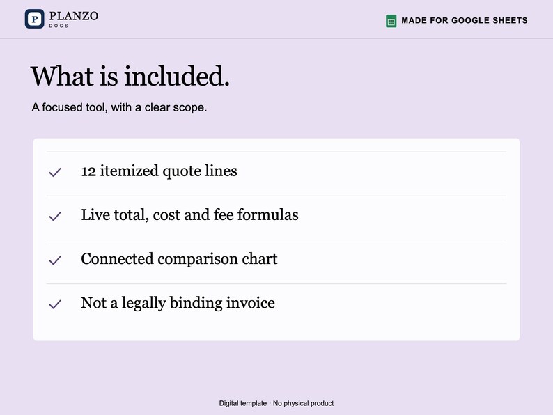 K&ouml;nnte beinhalten: Eine digitale Vorlage f&uuml;r Google Sheets mit dem Titel Planzo Docs, die eine Liste von Inhalten enth&auml;lt: 12 detaillierte Angebotszeilen, Live-Summen, Kosten- und Geb&uuml;hrenformeln, ein verbundenes Vergleichsdiagramm und ein Hinweis.