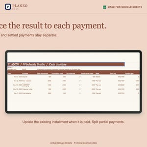 May include: A digital interface for Planzo Wholesale Studio Cash timeline on a tablet screen. The display shows a table with columns for date, purpose, cash movement, cumulative cash, tax, usable order cash, state, sort key, and funding gap.