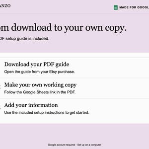 May include: A light purple instructional graphic titled From download to your own copy. It outlines three steps: 01 Download your PDF guide, 02 Make your own working copy, and 03 Add your information. Includes Planzo Docs and Google Sheets logos.