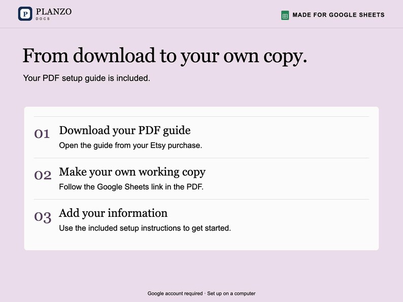 May include: A light purple instructional graphic titled From download to your own copy. It outlines three steps: 01 Download your PDF guide, 02 Make your own working copy, and 03 Add your information. Includes Planzo Docs and Google Sheets logos.