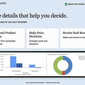 May include: A digital template for Google Sheets titled Planzo Docs, featuring a light blue background with text explaining three ways to use the template, including a bar chart showing net event sales and a donut chart for recorded cash cost components.